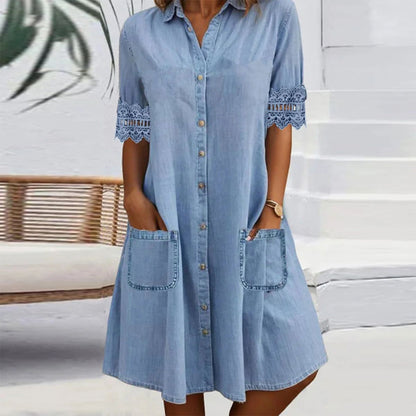 Sininen Yksivärinen Kauluspuseron Pitsireunuksinen Denim Minimekko
