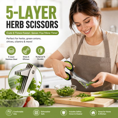 ✂️🥬 Ruostumattomasta teräksestä valmistetut viisiteräiset keittiösakset – Leikkaa tasaisesti ja hienoksi silpuksi yhdellä vedolla, käsittelee helposti kevätsipulia, korianteria, chilipaprikoita ja merilevää