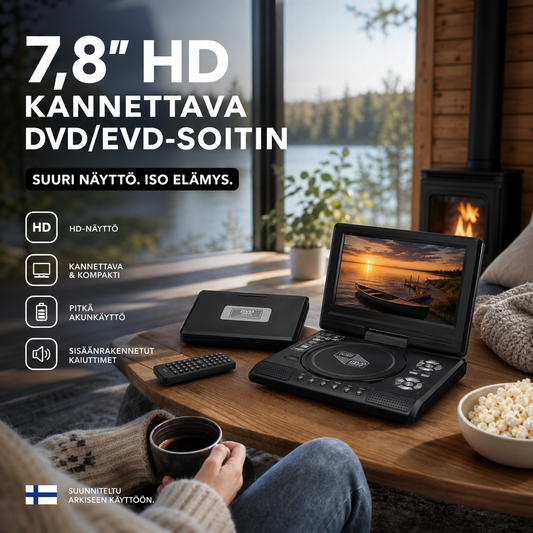 📺 7,8" HD kannettava DVD/EVD-soitin – suuri näyttö, ladattava ja yhteensopiva DVD/CD/USB/SD-korttien kanssa – täydellinen kotiin ja matkalle 🔥