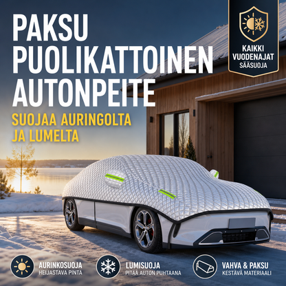 Paksu puolikattoinen autonpeite, suojaa auringolta ja lumelta