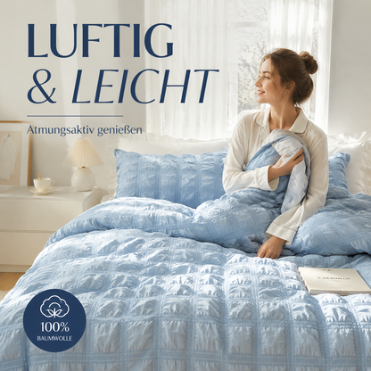 🛋️✨ RAJOITETTU KESÄTARJOUS! 3-osainen laskostettu pussilakanasetti – teksturoitu, silitysvapaa ja hengittävä ❄️🍃
