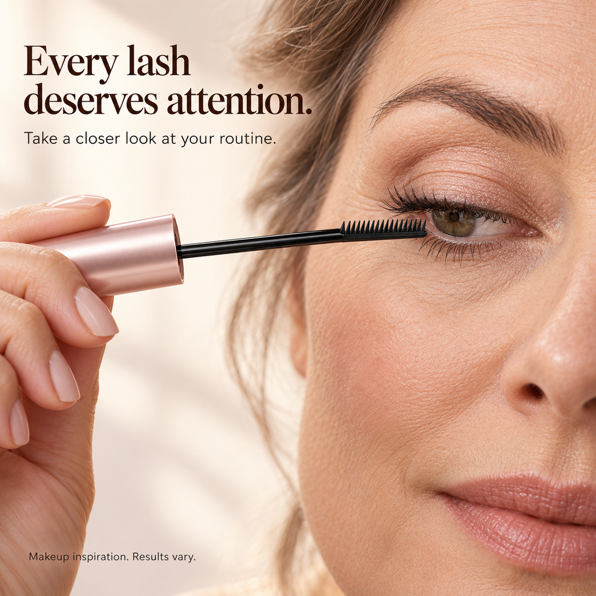 Adult woman positioning the single-sided comb wand beside her upper lashes