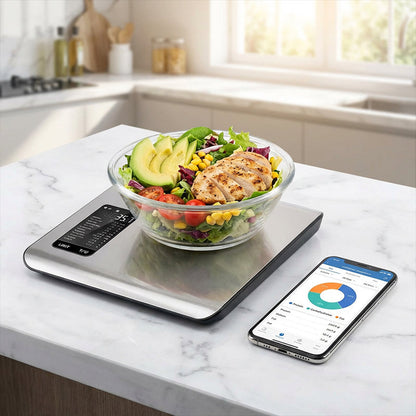 ⚖️📊 Digitaalinen keittiövaaka – mittaa 19 ravintoarvoa ja kaloria sovelluksen kautta, 5kg ruostumatonta terästä 🥗✅ terveelliseen ruokavalioon ja painonpudotukseen