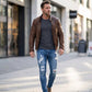 👖50% ALE! 🔥 Tyylikkäät kulutetut pillifarkut miehille – kapea, kapeneva istuvuus, hengittävää puuvillaa ja tyylikkäät revityt yksityiskohdat