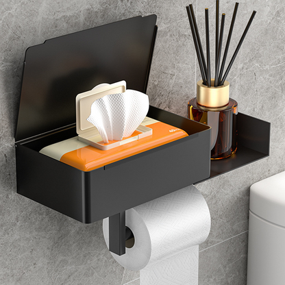 WC-paperiteline hyllyllä ja säilytyslokerolla – poraamaton asennus