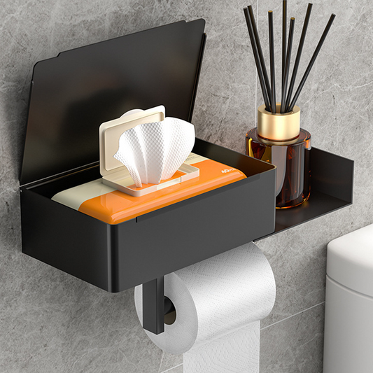 WC-paperiteline hyllyllä ja säilytyslokerolla – poraamaton asennus
