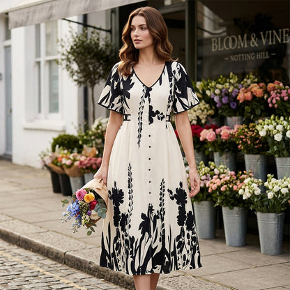👗 NYT 50% ALE! 🌿 Pehmeä kasvitieteellinen kuviollinen V-aukkoinen midimekko – Elegantti, kevyt ja monipuolinen kaikkiin tilaisuuksiin 🌸