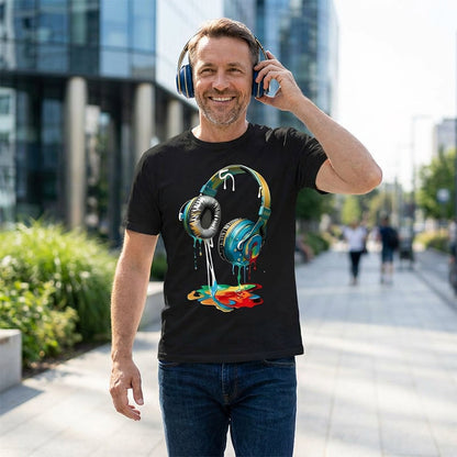 👕 NYT 50 % ALE! 🎧 Värikäs Dripping Paint -kuulokepaita – Taiteellinen muotoilu, pehmeää puuvillaa ja täydellinen musiikin ystäville tai rentoon katumuotiin 🎨