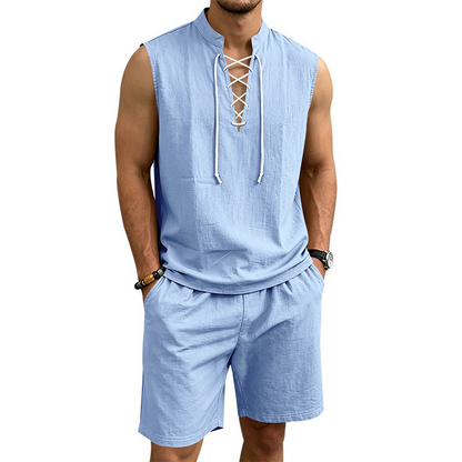 🧵 RAJOITETUN AJAN ✨ Miesten pellavainen hihaton setti – paita ja shortsit, nauhat, 7 väriä ☀️.