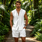 👕 RAJOITETUN AJAN -50 % ALE! 🌴 Miesten hihaton napitettava paita ja shortsit – teksturoitu kuvio, kevyt, lomavalmis ✨.