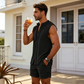 👕 RAJOITETUN AJAN -50 % ALE! 🌴 Miesten hihaton napitettava paita ja shortsit – teksturoitu kuvio, kevyt, lomavalmis ✨.