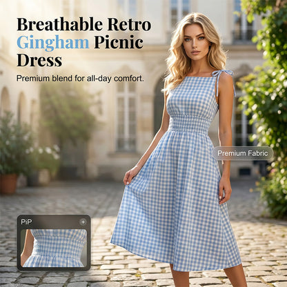 👗 RAJOITETUN AJAN -50 % ALE! 💥 Naisten retrotyylinen hihaton ruudullinen midimekko – rypytetty yläosa, solmittavat olkaimet, hengittävä ✨.