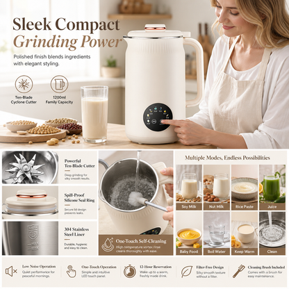 🌿 Automatic Soy Milk Maker & Blender – 1500ml, Filter-Free, 10 Blades & 304 Stainless Steel – Multi-Functional for 4-5 People ⚡