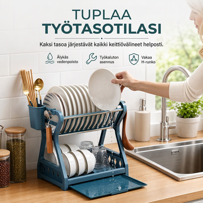 🍽️💧Säästä nyt 50 %! Monikerroksinen teräksinen astiankuivaus teline – kaksikerroksinen pystysuora astiasäilytys, jossa on tarjotin ja ruokailuvälineiden pidike, työkaluton asennus keittiön tasolle.