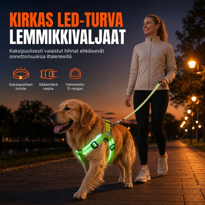 Säädettävä LED-koiranvaljaat, valoa vilkkuva lemmikkieläimen rintavyö